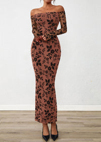 PRETTYGARDEN Womens Off The Shoulder Floral Maxi Bodycon Dress Fall Long Sleeve Mesh Fitted Long Formal Wedding Guest Dresses PRETTYGARDEN