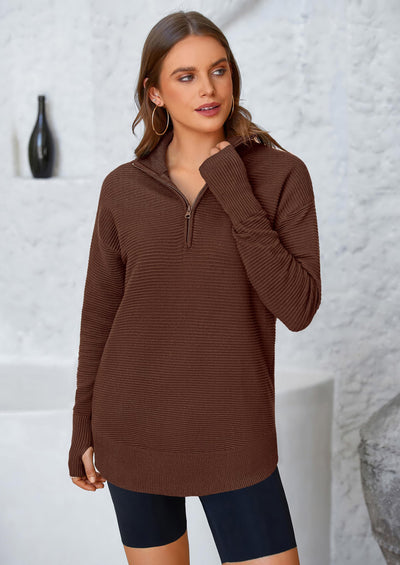 PRETTYGARDEN Womens Long Sleeve Quarter Zip Pullover Sweater Casual Loose V Neck Collared Ribbed Knit Jumper Tops Thumb Hole