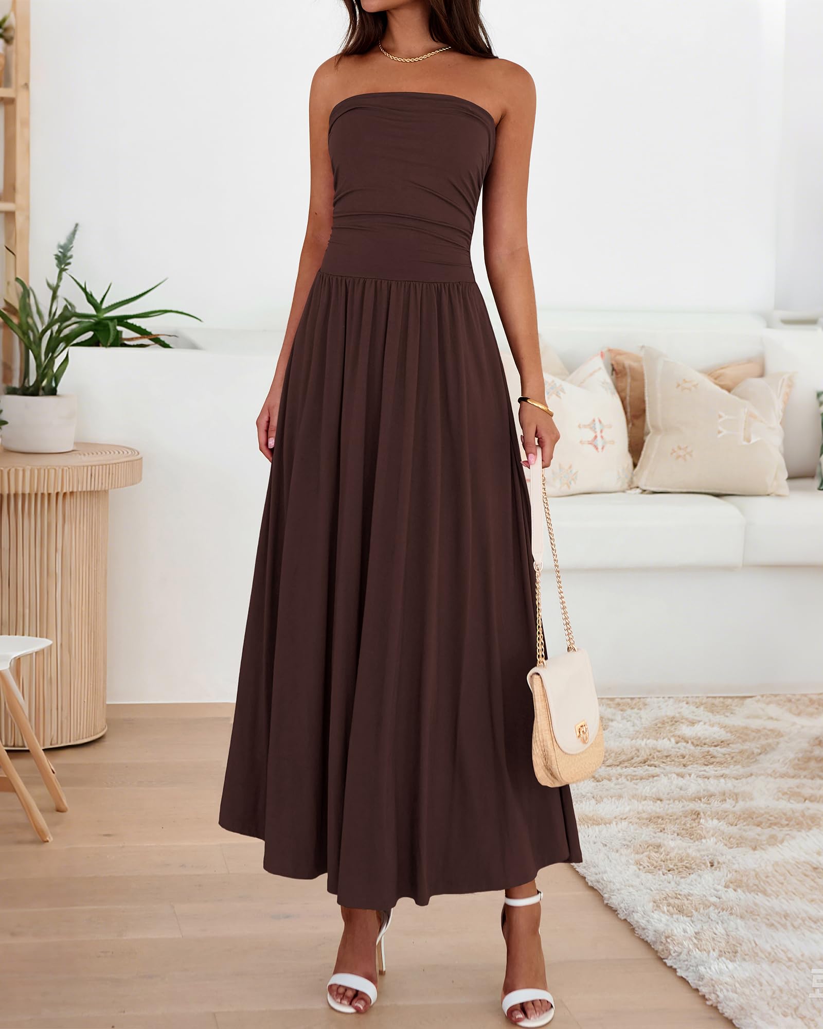 BTFBM Summer Maxi Dresses for Women Strapless Ruched Tube Top Beach Vacation Spring Wedding Guest Dress Pockets PRETTYGARDEN