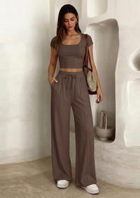 PRETTYGARDEN Women's 2 Piece Matching Lounge Sets Ribbed Short Sleeve Crop Tops Wide Leg Pants Summer Airport Outfits PRETTYGARDEN