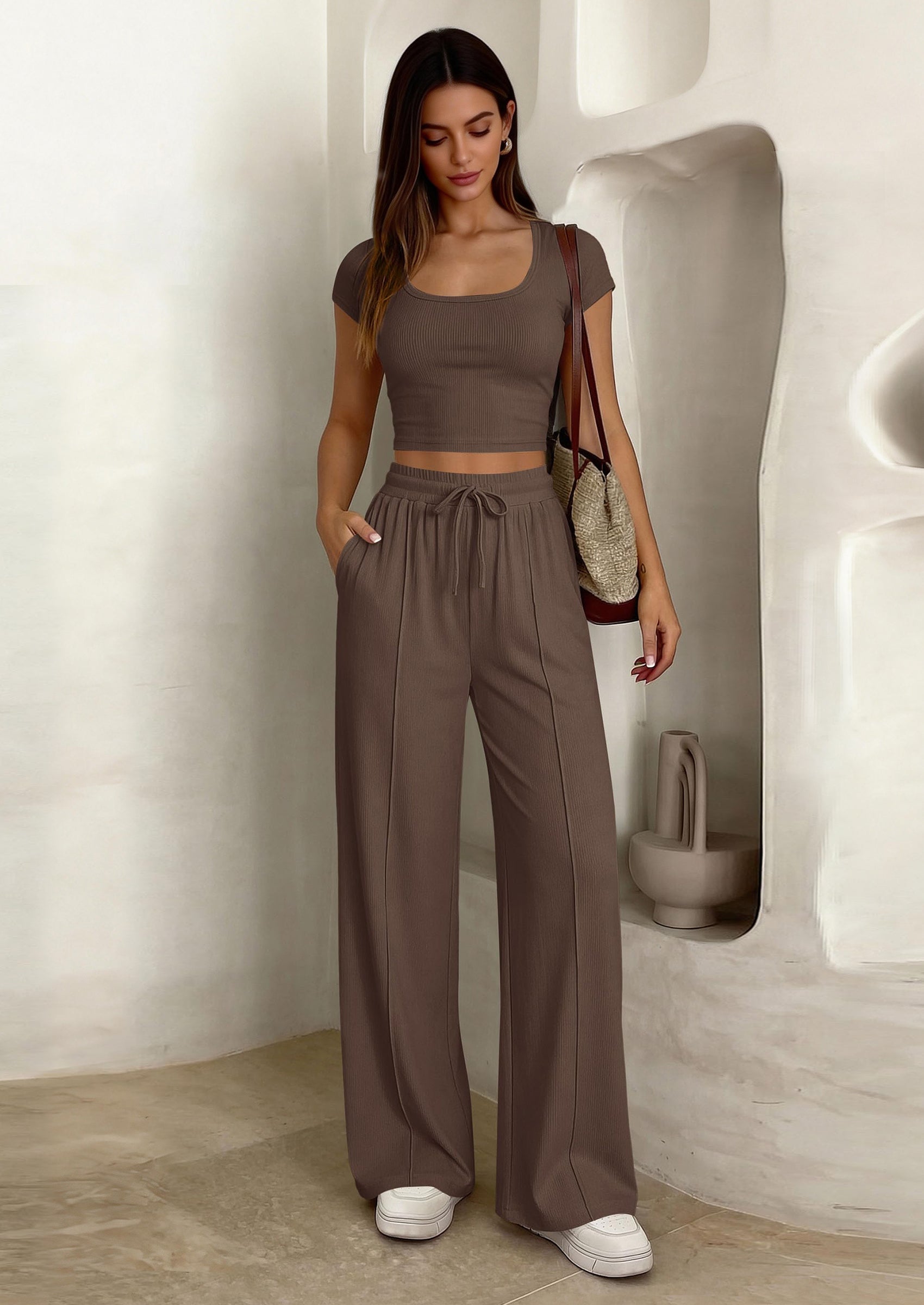 PRETTYGARDEN Women's 2 Piece Matching Lounge Sets Ribbed Short Sleeve Crop Tops Wide Leg Pants Summer Airport Outfits PRETTYGARDEN