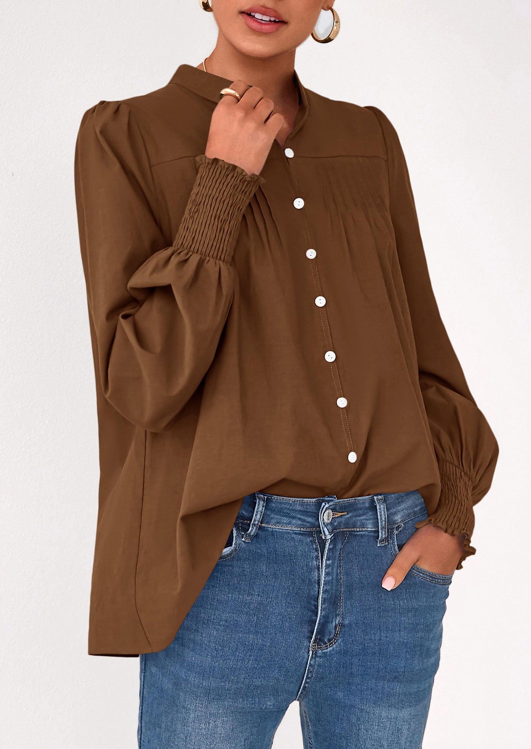 PRETTYGARDEN Womens Fall Lantern Long Sleeve Shirts Trendy Button V Neck Pleated Henley Tops Loose Work Blouses