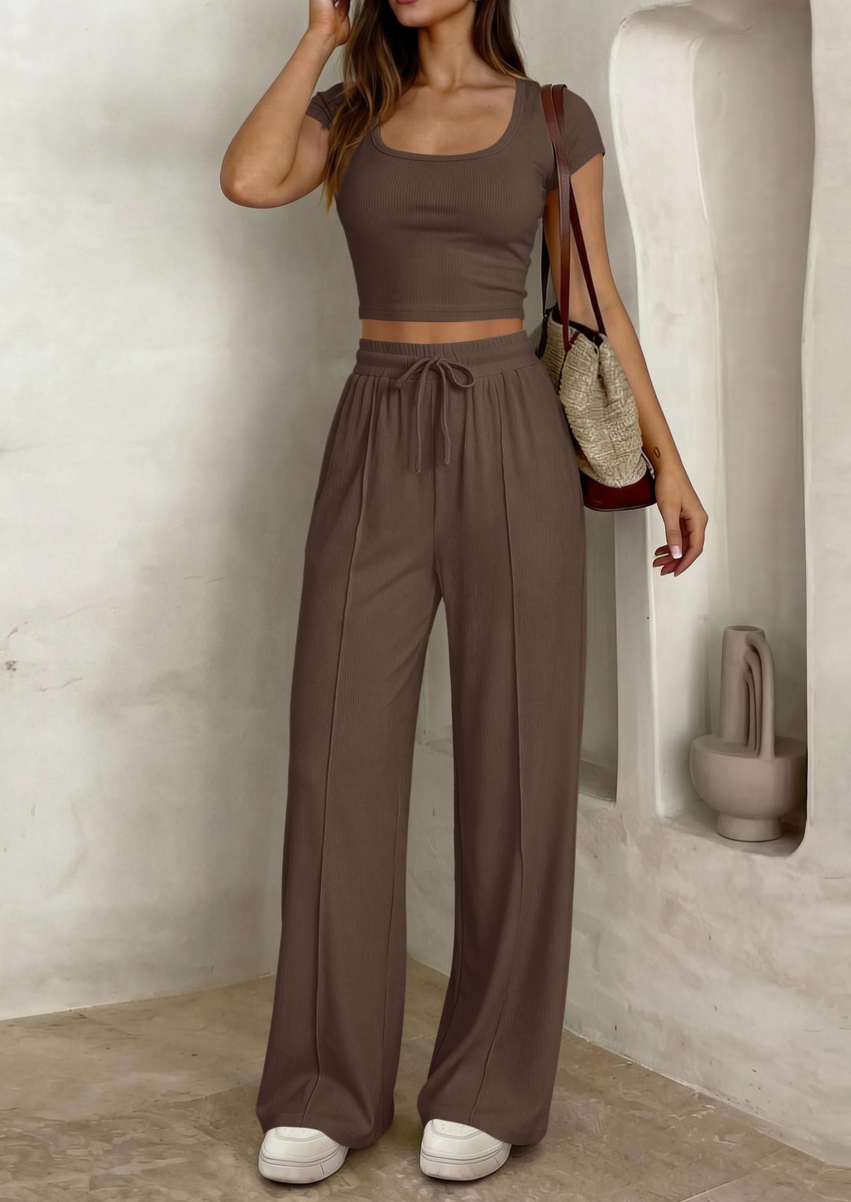 PRETTYGARDEN Women's 2 Piece Matching Lounge Sets Ribbed Short Sleeve Crop Tops Wide Leg Pants Summer Airport Outfits PRETTYGARDEN