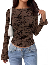 PRETTYGARDEN Women's Bell Sleeve Floral Mesh Crop Tops | Slim Fitted Shirts, Long Sleeve Going Out Top, Ruched Front, Boat Neck, Casual Blouses, Fall Date Night Outfits, Y2K Clothes
