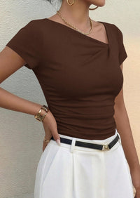 PRETTYGARDEN Women's Summer Asymmetrical Y2K Tops Trendy Ribbed Short Sleeve Fitted Tee Shirts Spring Fashion Clothing PRETTYGARDEN