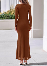 PRETTYGARDEN Women's Long Sleeve Tie Waist Maxi Dresses						  Sexy Mesh Style,Ruched Design,Wedding Guest,Cocktail Party,Night Out,2026 Early Fall Fashion Outfits,Cute Spring Dress