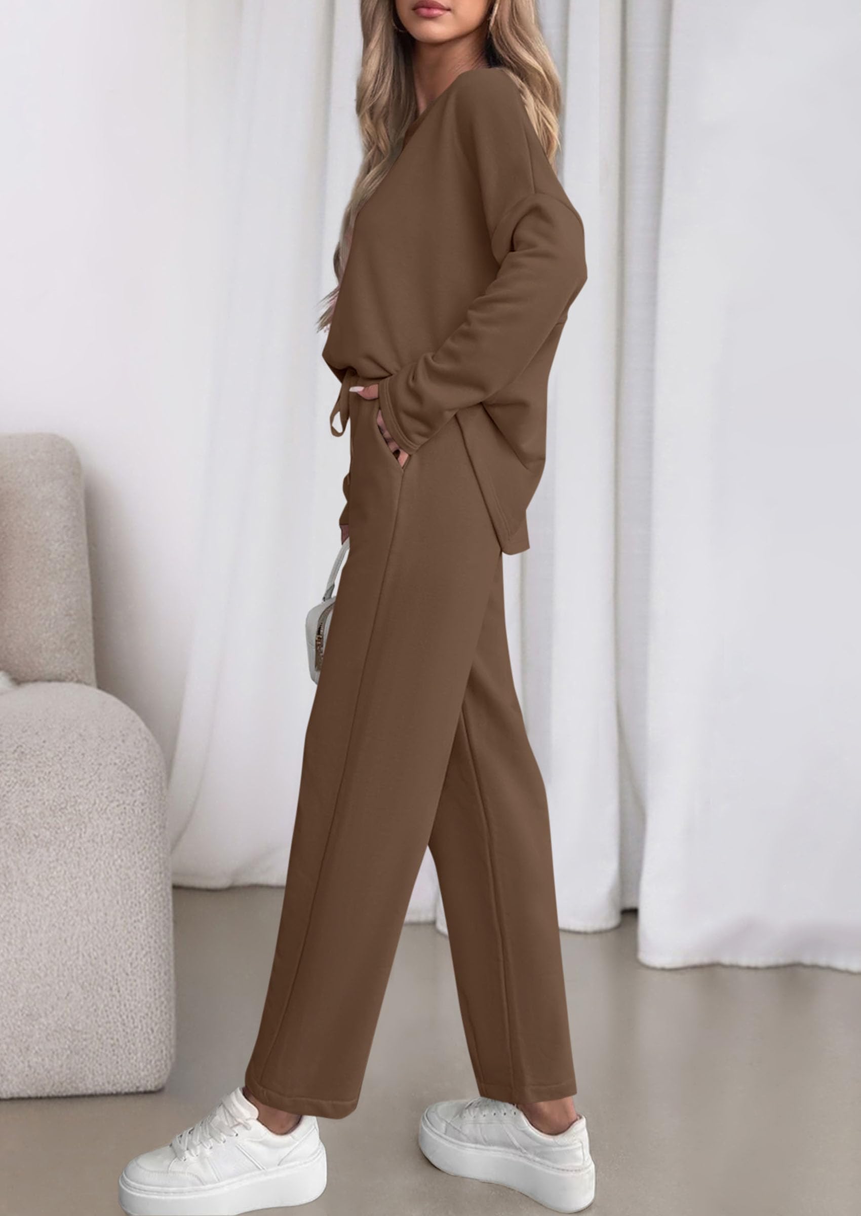 PRETTYGARDEN Womens 2 Piece Matching Lounge Sets Fall Long Sleeve Boatneck Sweatsuit Drawstring Sweatpants Pockets