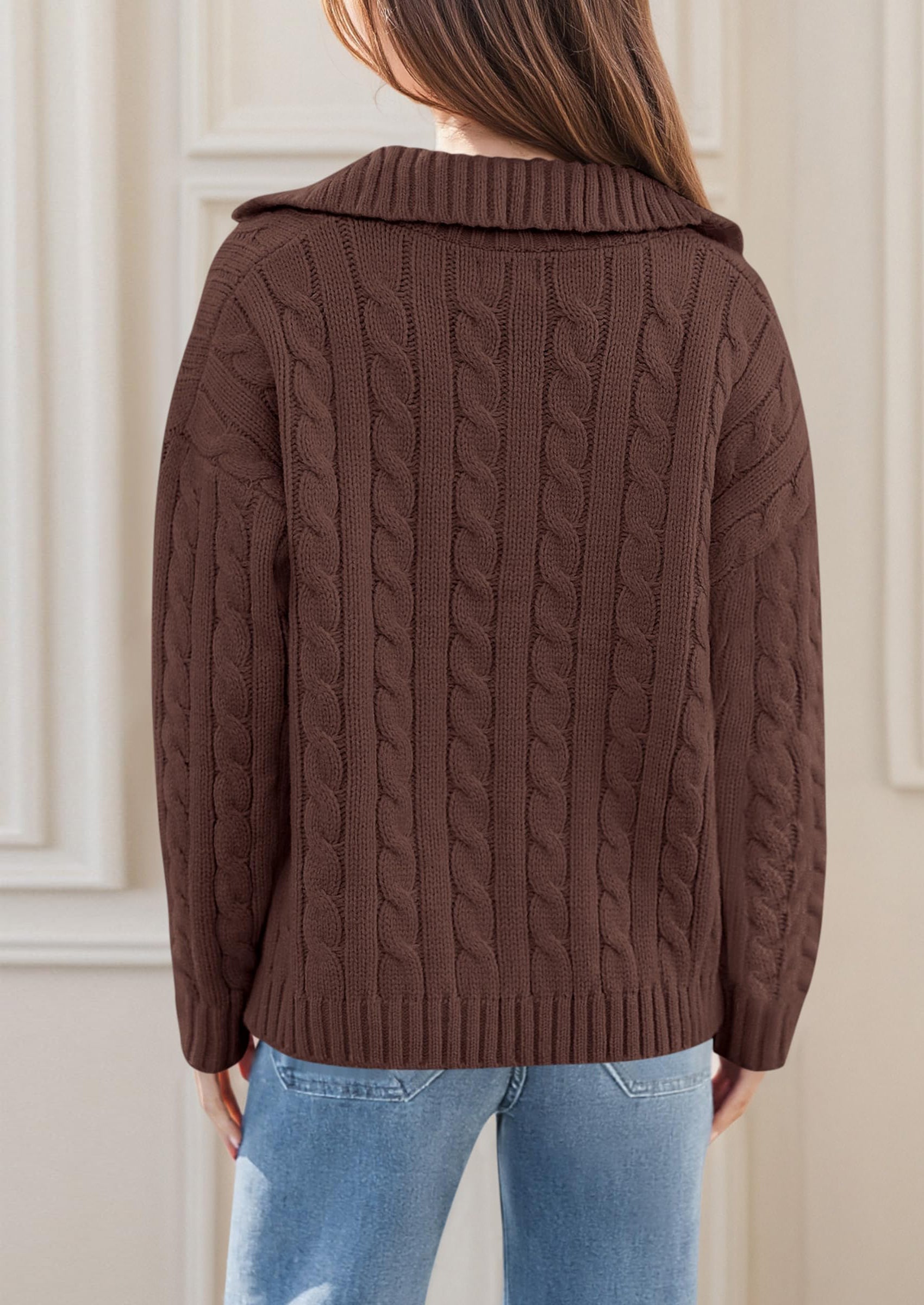 PRETTYGARDEN Fall Cable Knit Oversized Sweaters for Women Polo V Neck Long Sleeve Casual Chunky Sweater Pullover Tops PRETTYGARDEN