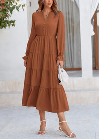 PRETTYGARDEN Women Fall Long Sleeve Smocked Maxi Dress Casual Square Neck Swiss Dot Tiered Ruffle Flowy Spring Pocket Dresses