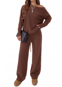 PRETTYGARDEN Lounge Sets Womens Two Piece Outfits  Cozy Boat Neck Long Sleeve , Wide Leg Pants with Drawstring, Casual Fall Fashion 2026 Airport & Travel, Knit Matching Set