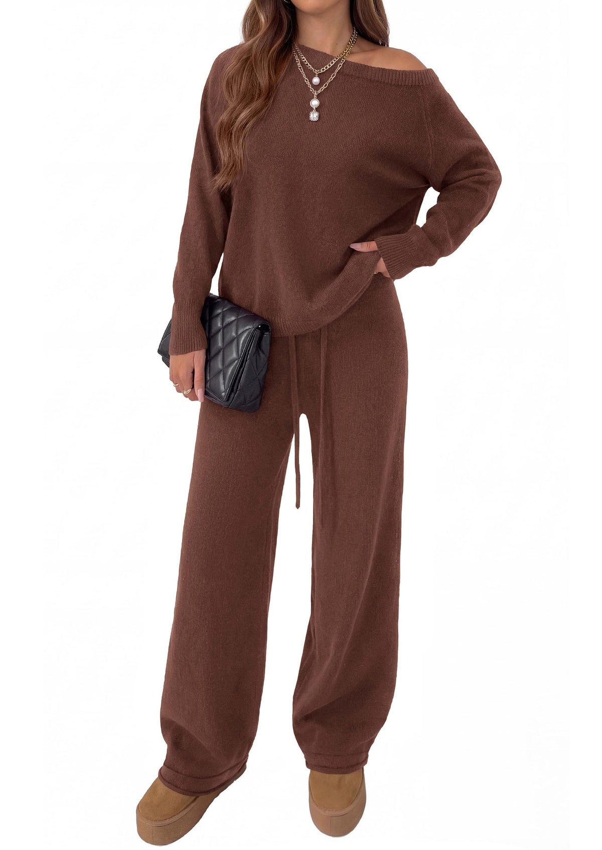 PRETTYGARDEN Lounge Sets Womens Two Piece Outfits  Cozy Boat Neck Long Sleeve , Wide Leg Pants with Drawstring, Casual Fall Fashion 2026 Airport & Travel, Knit Matching Set