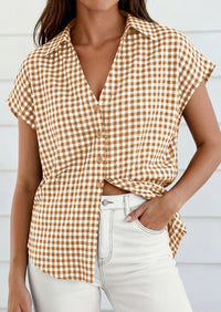 PRETTYGARDEN Womens Button Dwon Shirts V Neck Short Cap Sleeve Collared Plaid Tops Summer Spring Casual Blouses Clothes PRETTYGARDEN