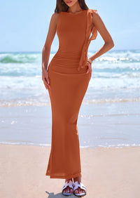 PRETTYGARDEN Women's Summer Maxi Dresses Sleeveless Ruffle Formal Wedding Guest Cocktail Mesh Bodycon Split Long Dress PRETTYGARDEN