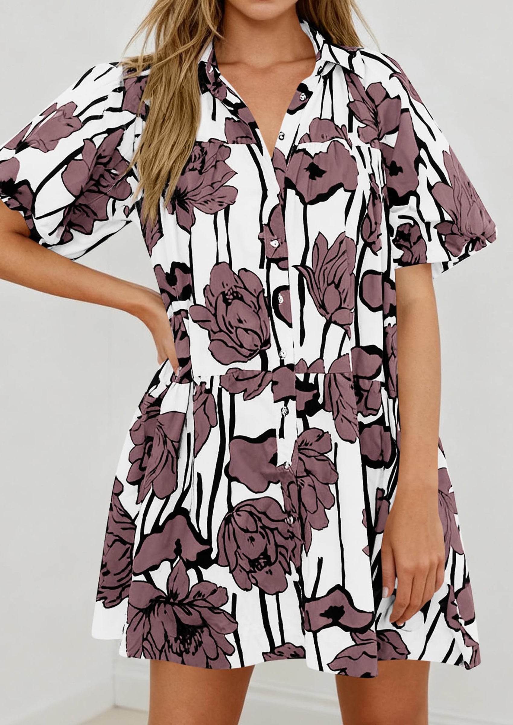 PRETTYGARDEN Womens Summer Dresses 2026 Casual Puff Sleeve Button Down Mini Shirt Dress Boho Floral Babydoll Sun Dress PRETTYGARDEN