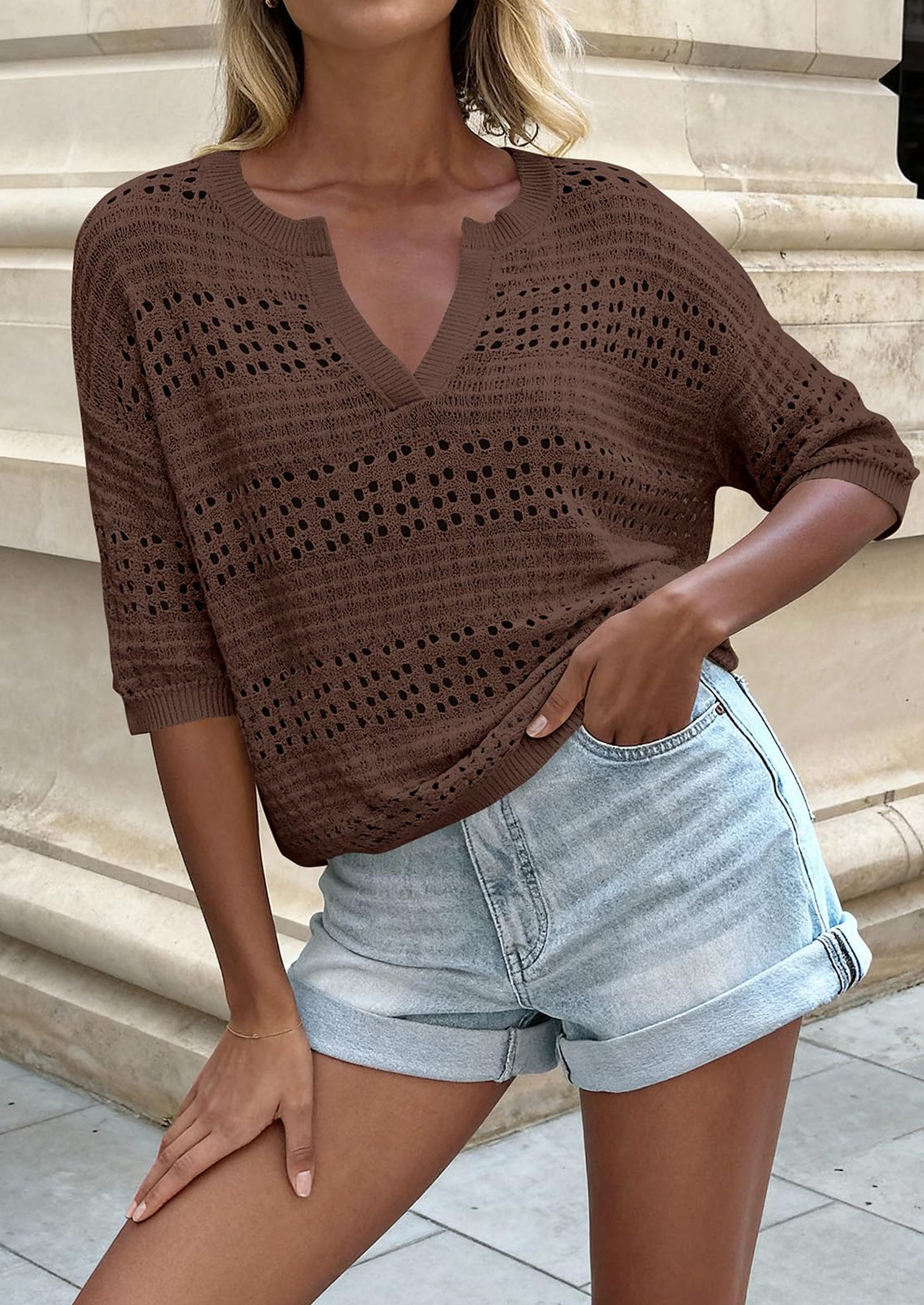 PRETTYGARDEN Womens Crochet Tops Casual Cotton Hollow Out Knit Short Sleeve Oversized Sweater for Women Summer Beach Cover Up PRETTYGARDEN