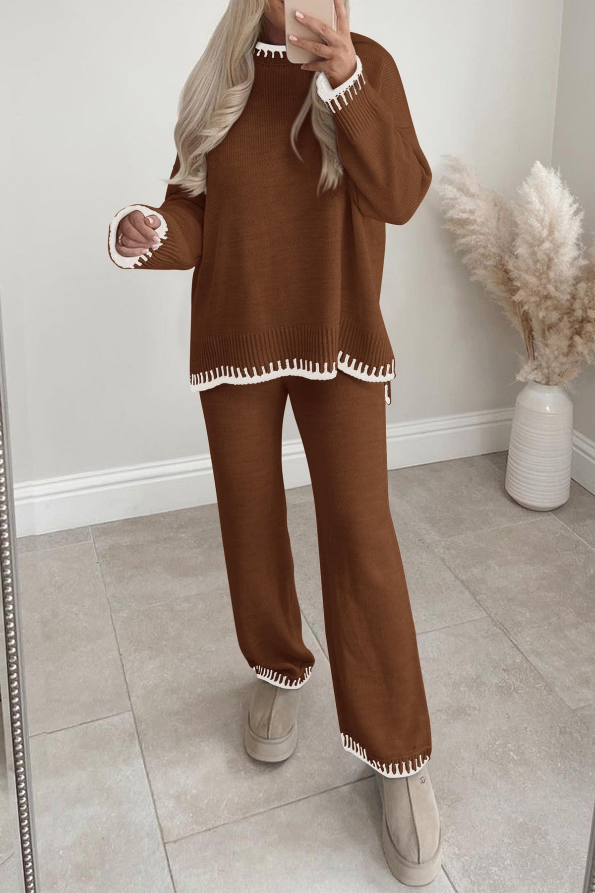 2 Piece Knitted Casual Long Sleeve Pullover Wide Leg Pant Set