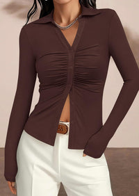 PRETTYGARDEN Womens Button Down Shirts V Neck Collared Ruched Slim Fit Long Sleeve Shirt Casual Fall Fashion Ladies Tops PRETTYGARDEN