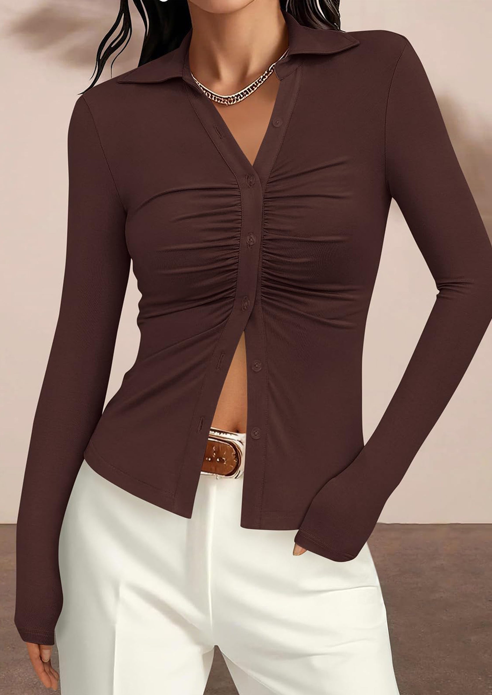 PRETTYGARDEN Womens Button Down Shirts V Neck Collared Ruched Slim Fit Long Sleeve Shirt Casual Fall Fashion Ladies Tops PRETTYGARDEN