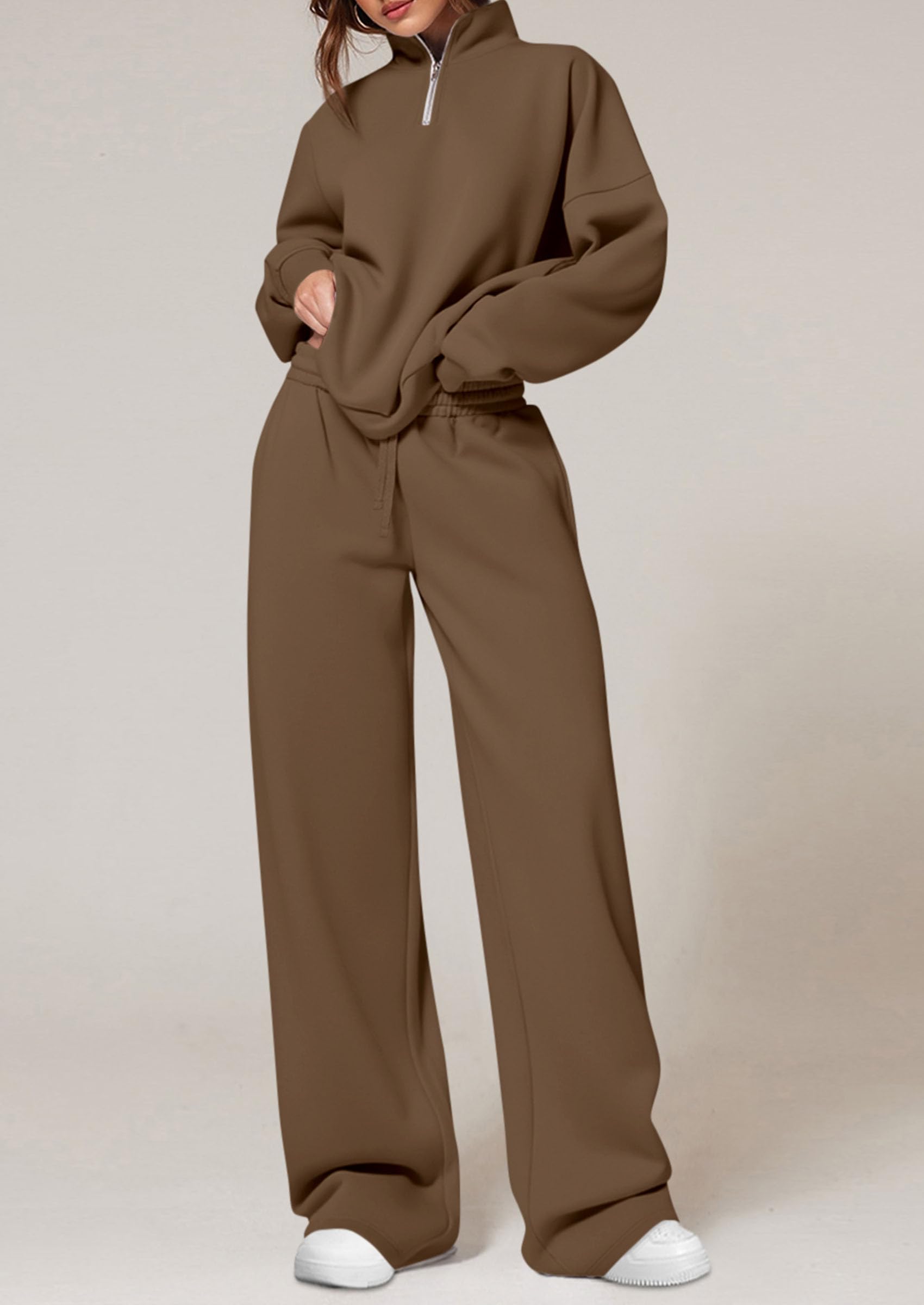 PRETTYGARDEN Womens Casual Two Piece Sets Fall Outfits Quarter Zip Sweatshirts Straight Leg Pants Sweatsuits Tracksuit