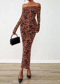 PRETTYGARDEN Womens Off The Shoulder Floral Maxi Bodycon Dress Fall Long Sleeve Mesh Fitted Long Formal Wedding Guest Dresses PRETTYGARDEN