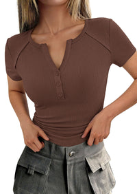 PRETTYGARDEN Womens Summer Short Sleeve Tops 2026 Spring Casual V Neck Henley Button Up T Shirts Dressy Ribbed Knit Blouses PRETTYGARDEN