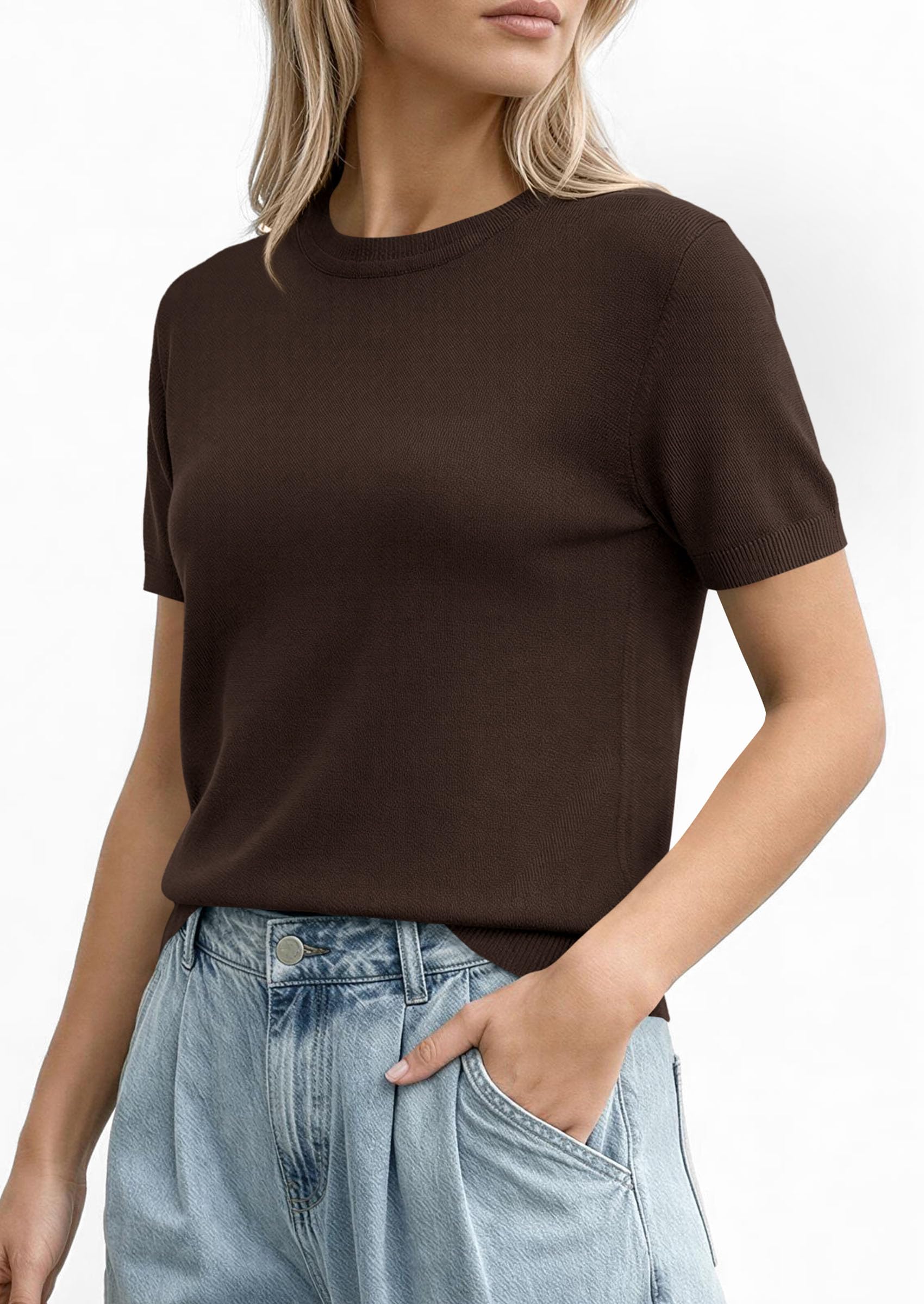 PRETTYGARDEN Women's Short Sleeve Sweaters Spring Crew Neck Knit Work Shirts Business Casual Tops Summer Fashion Clothes PRETTYGARDEN