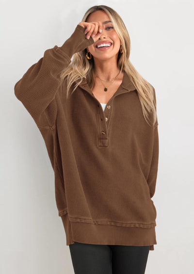 PRETTYGARDEN Womens Fashion Oversized Long Sleeve Hoodie Button Down V Neck Sweatshirt Side Slit Casual Pullover Tops