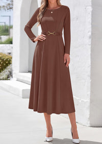 PRETTYGARDEN Women's Fall Long Sleeve Semi Formal Midi Dresses with Pockets Boat Neck, Metal Buckle Tie Waist, Flowy A Line, Elegant Classy Wedding Guest Cocktail Party Dress, Business Casual Outfits