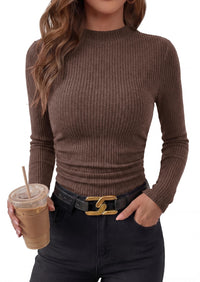 PRETTYGARDEN Womens Tops Fall Long Sleeve Going Out Shirts Ribbed Knit Mock Neck T-Shirt Fitted Ruched Y2K Crop Top