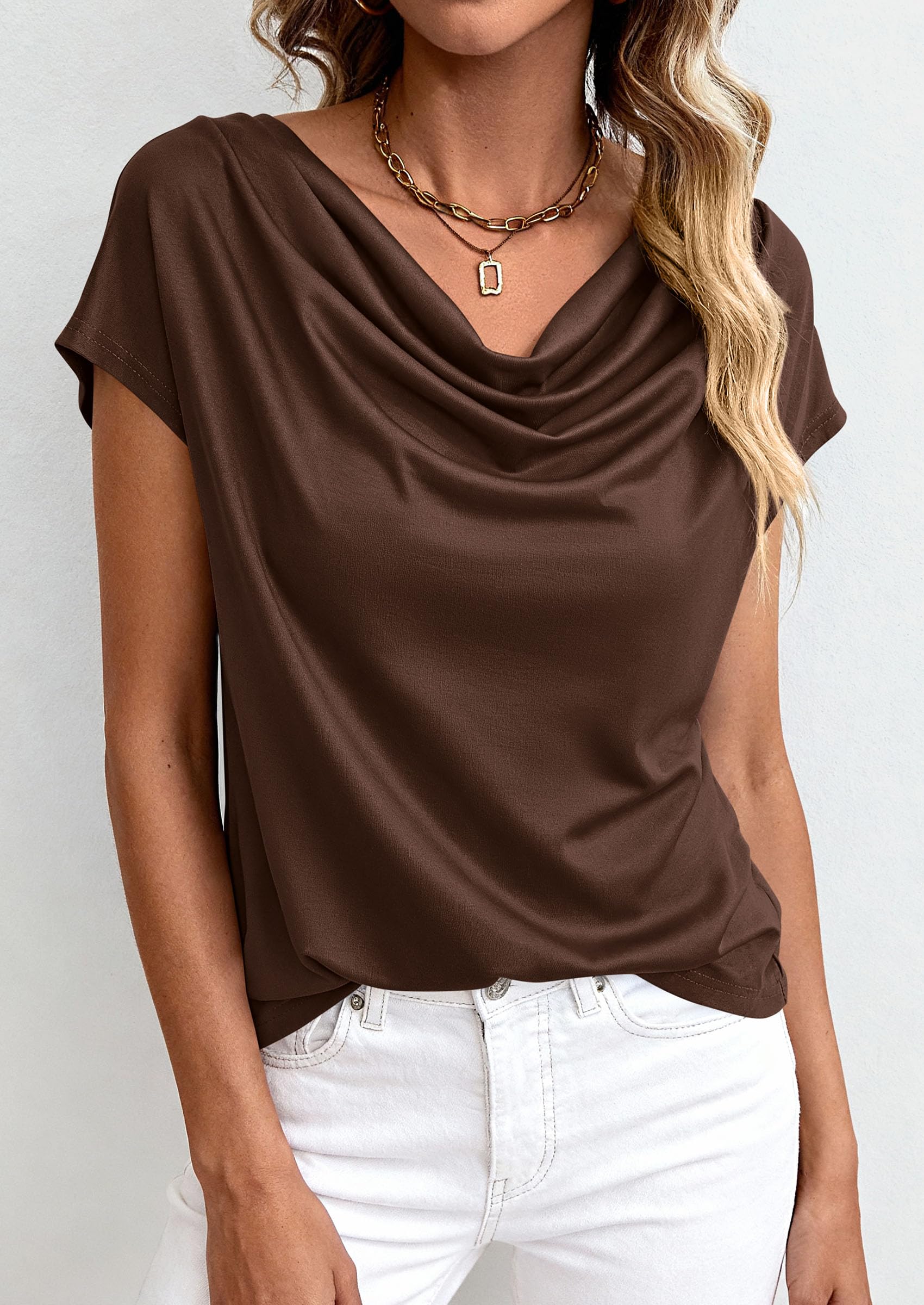 PRETTYGARDEN Blouses for Women Dressy Casual 2026 Summer Cowl Neck Short Sleeve Tops Spring Work Office Teacher Shirts PRETTYGARDEN