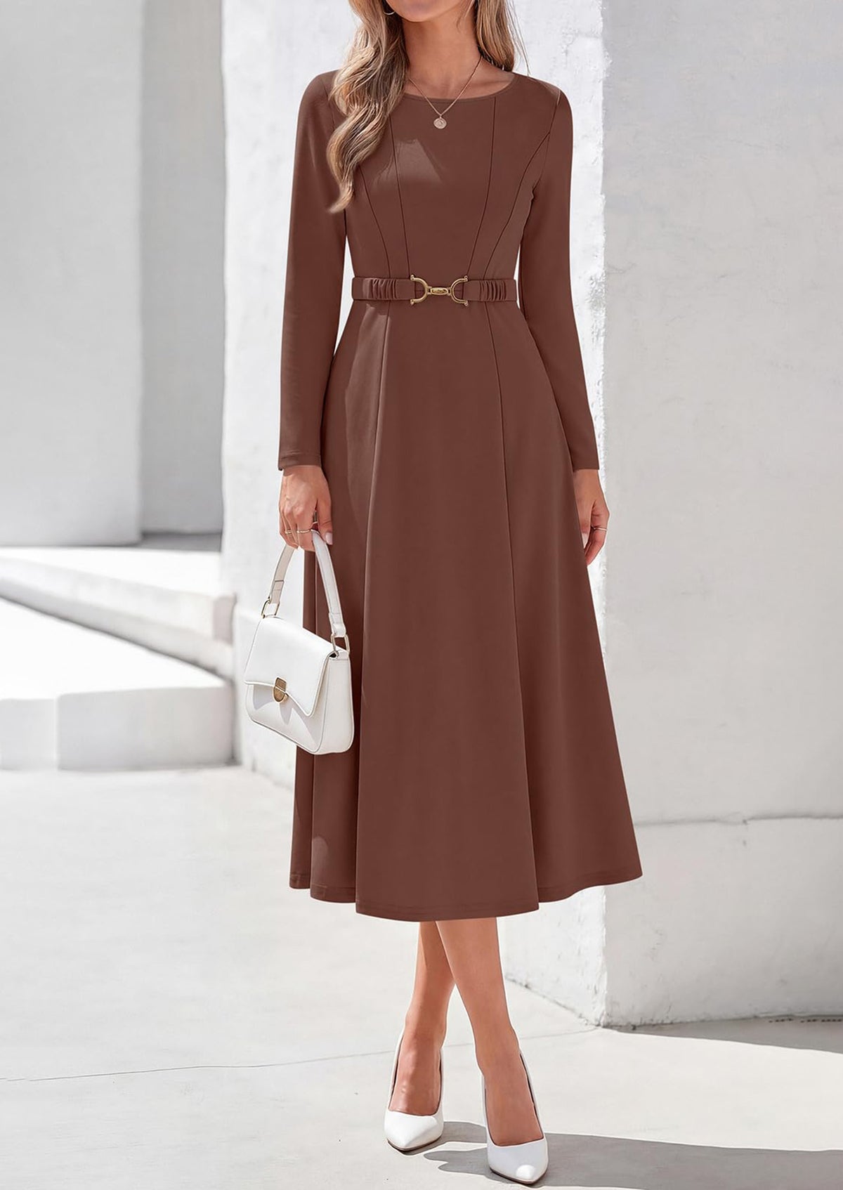 PRETTYGARDEN Women's Fall Long Sleeve Semi Formal Midi Dresses with Pockets Boat Neck, Metal Buckle Tie Waist, Flowy A Line, Elegant Classy Wedding Guest Cocktail Party Dress, Business Casual Outfits