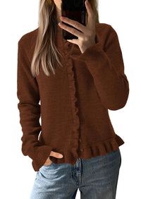 PRETTYGARDEN Womens Fall Button Down Cardigans Chunky Knit Ruffle Open Front Cropped Cardigan Sweaters Soft Long Sleeve Tops