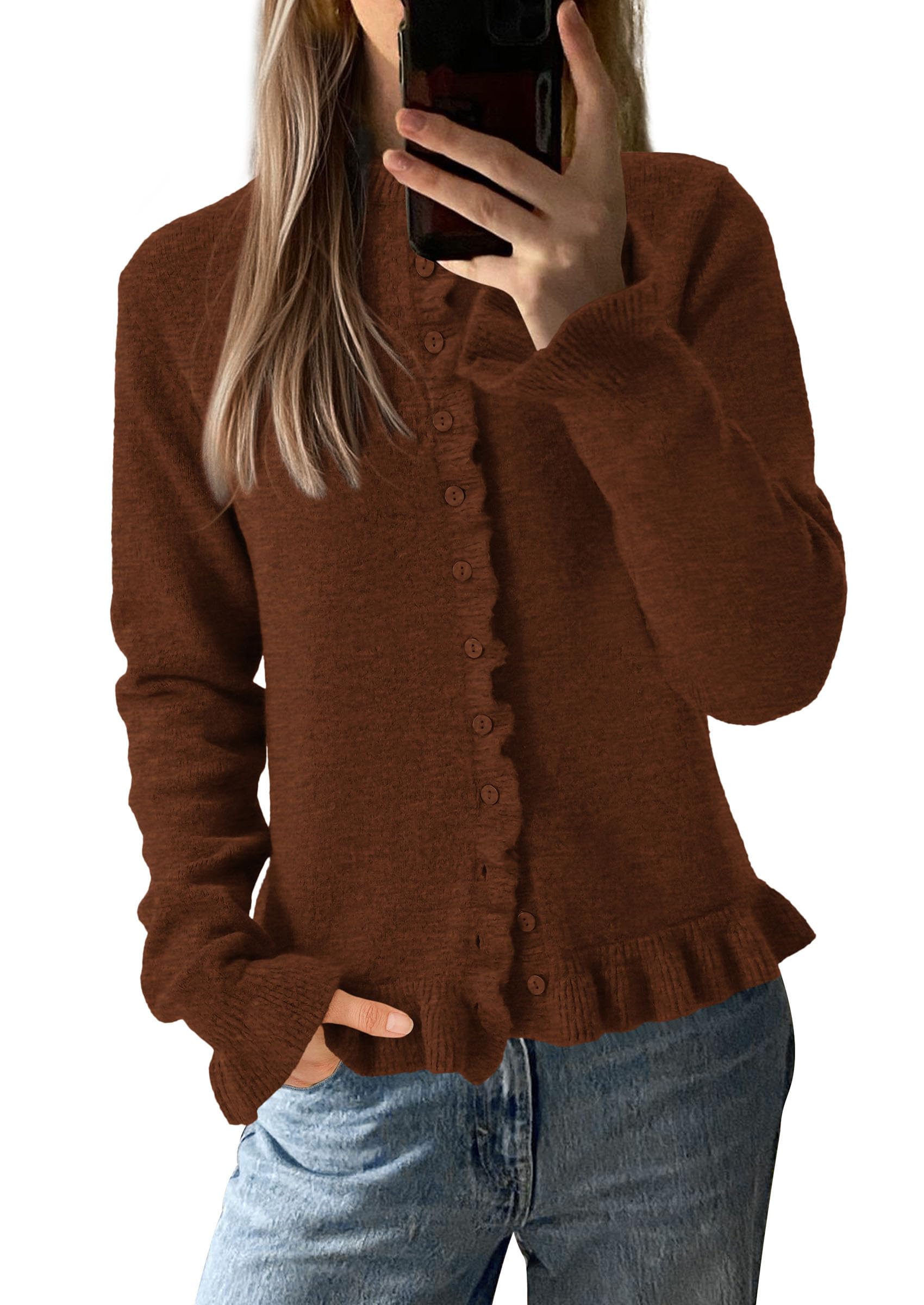 PRETTYGARDEN Womens Fall Button Down Cardigans Chunky Knit Ruffle Open Front Cropped Cardigan Sweaters Soft Long Sleeve Tops