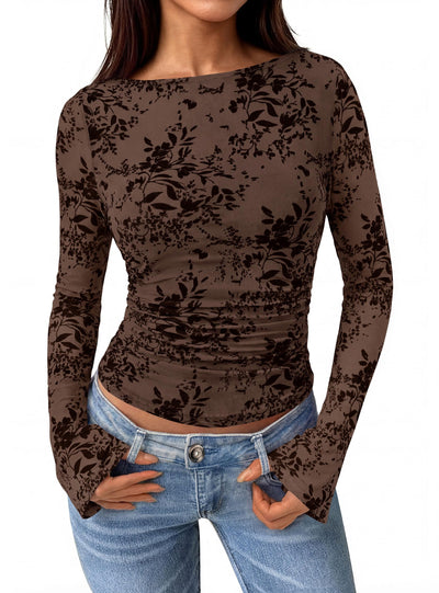 PRETTYGARDEN Women's Bell Sleeve Floral Mesh Crop Tops | Slim Fitted Shirts, Long Sleeve Going Out Top, Ruched Front, Boat Neck, Casual Blouses, Fall Date Night Outfits, Y2K Clothes
