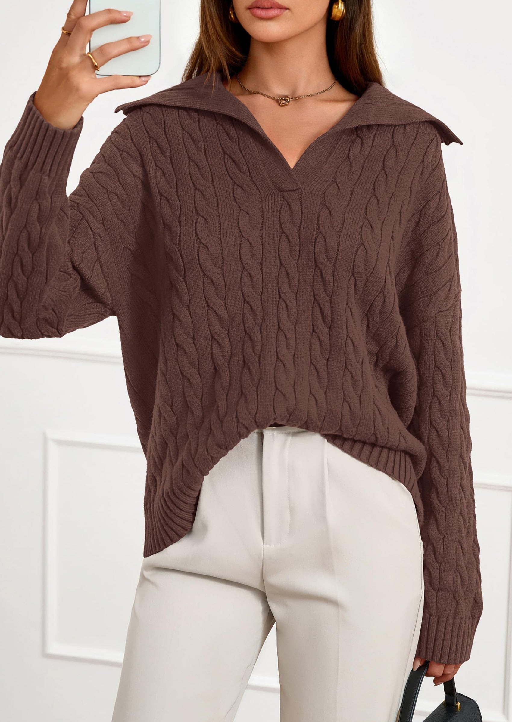 PRETTYGARDEN Fall Cable Knit Oversized Sweaters for Women Polo V Neck Long Sleeve Casual Chunky Sweater Pullover Tops PRETTYGARDEN