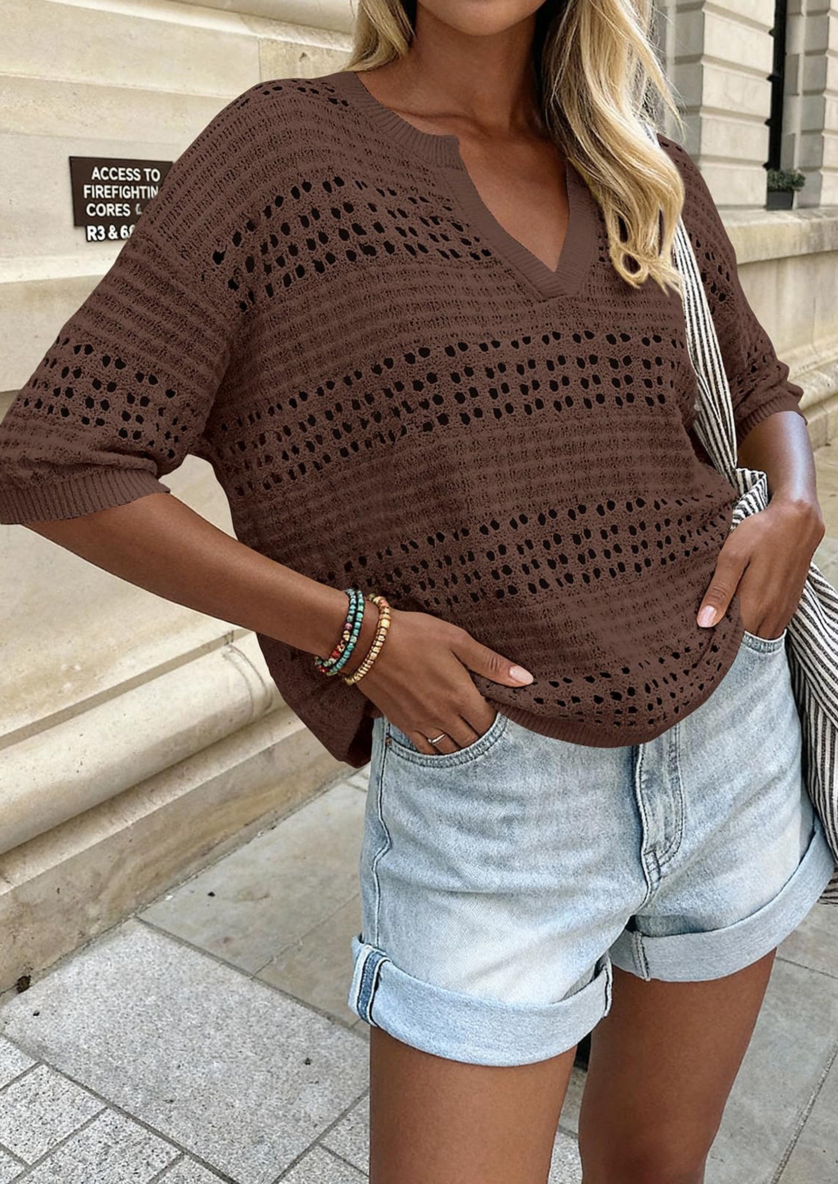 PRETTYGARDEN Womens Crochet Tops Casual Cotton Hollow Out Knit Short Sleeve Oversized Sweater for Women Summer Beach Cover Up PRETTYGARDEN