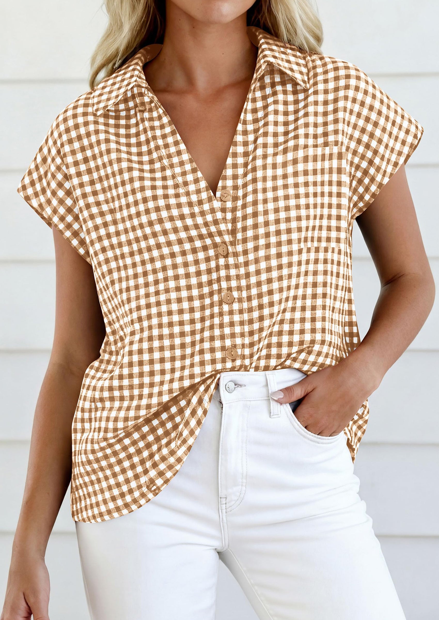 PRETTYGARDEN Womens Button Dwon Shirts V Neck Short Cap Sleeve Collared Plaid Tops Summer Spring Casual Blouses Clothes PRETTYGARDEN