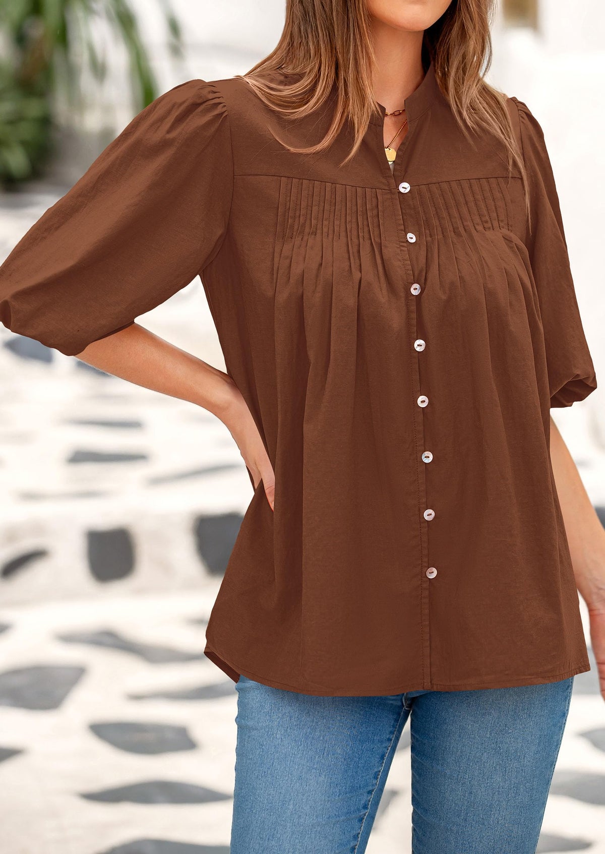 Women's 2025 Summer Short Lantern Sleeve Tops Loose Fit Button Down Shirt Casual Pleated V Neck Blouses