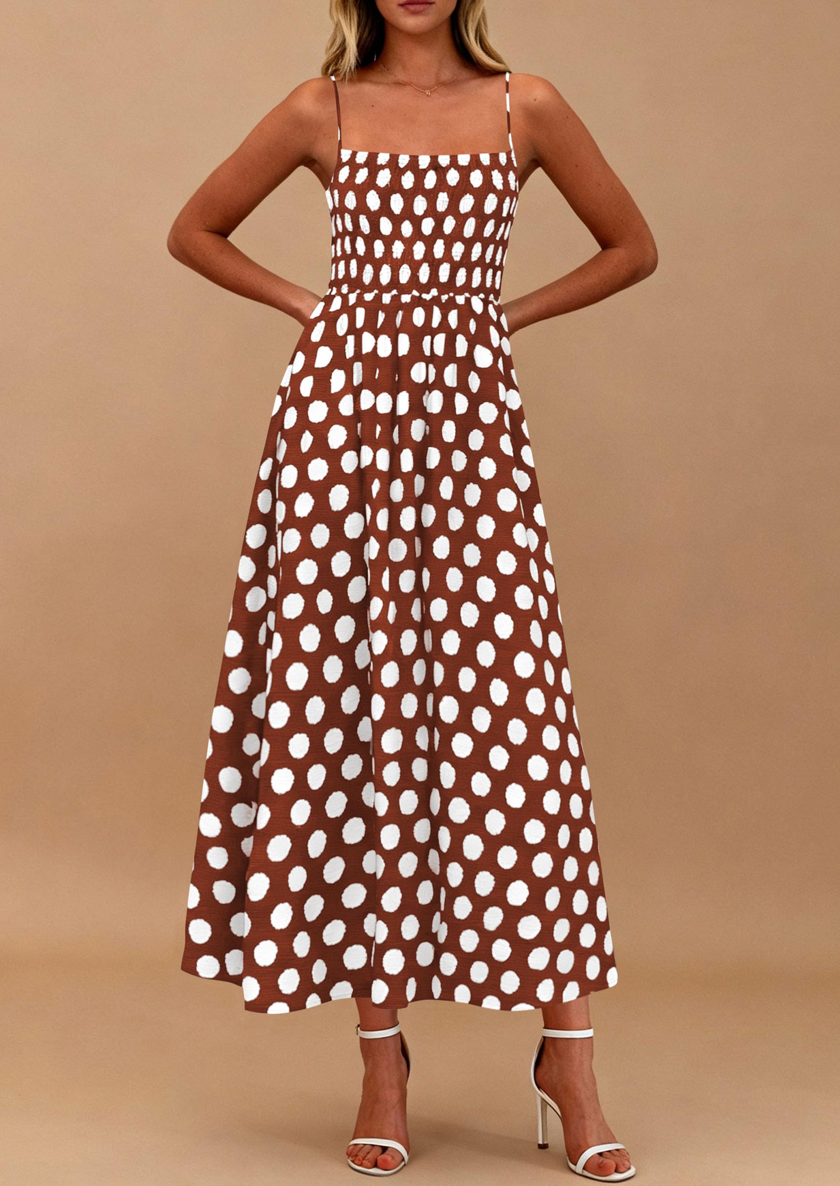 PRETTYGARDEN Womens Summer Dresses Spring Sleeveless Spaghetti Straps Casual Midi Dress Polka Dot Smocked Beach Sundress PRETTYGARDEN