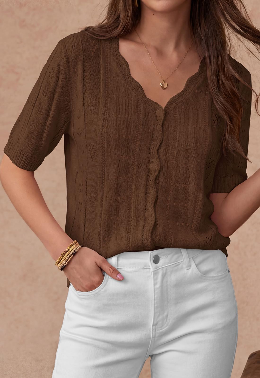 PRETTYGARDEN Womens Short Sleeve Crochet Knit Sweater Spring Fashion Button Down Lightweight Cardigans Summer Tops PRETTYGARDEN