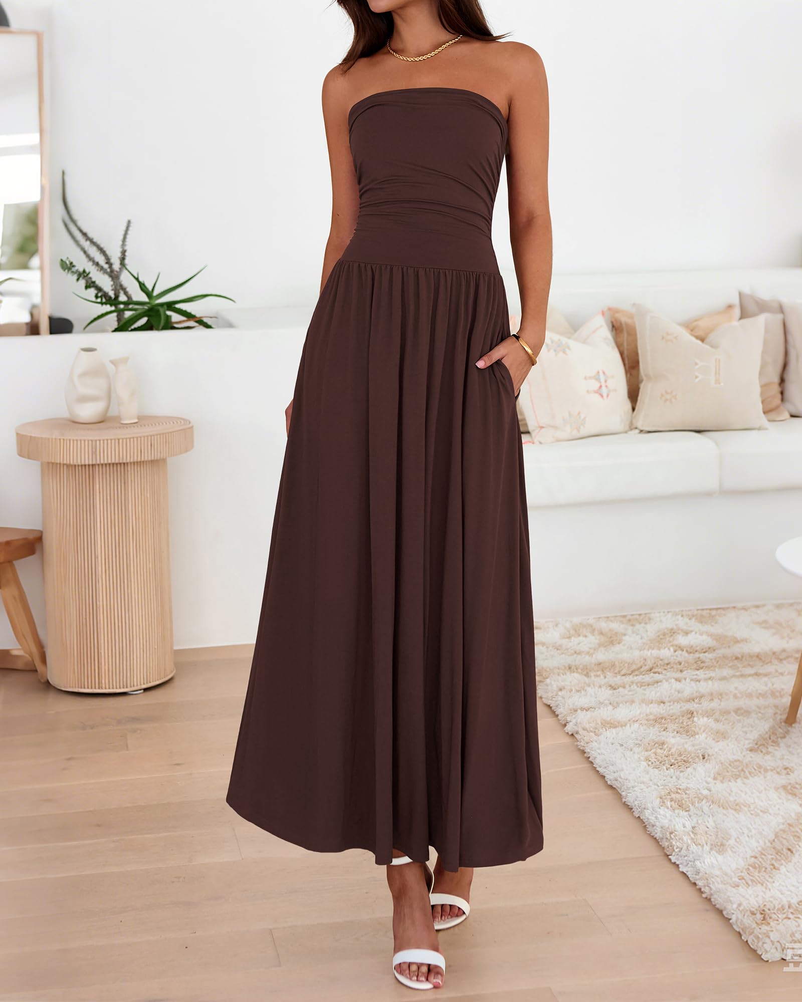 BTFBM Summer Maxi Dresses for Women Strapless Ruched Tube Top Beach Vacation Spring Wedding Guest Dress Pockets PRETTYGARDEN
