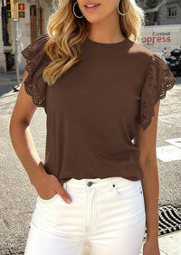 PRETTYGARDEN Womens Tops Dressy Casual Hollow Out Short Sleeve Summer Basic Tees Crewneck T Shirts Trendy Work Blouse PRETTYGARDEN