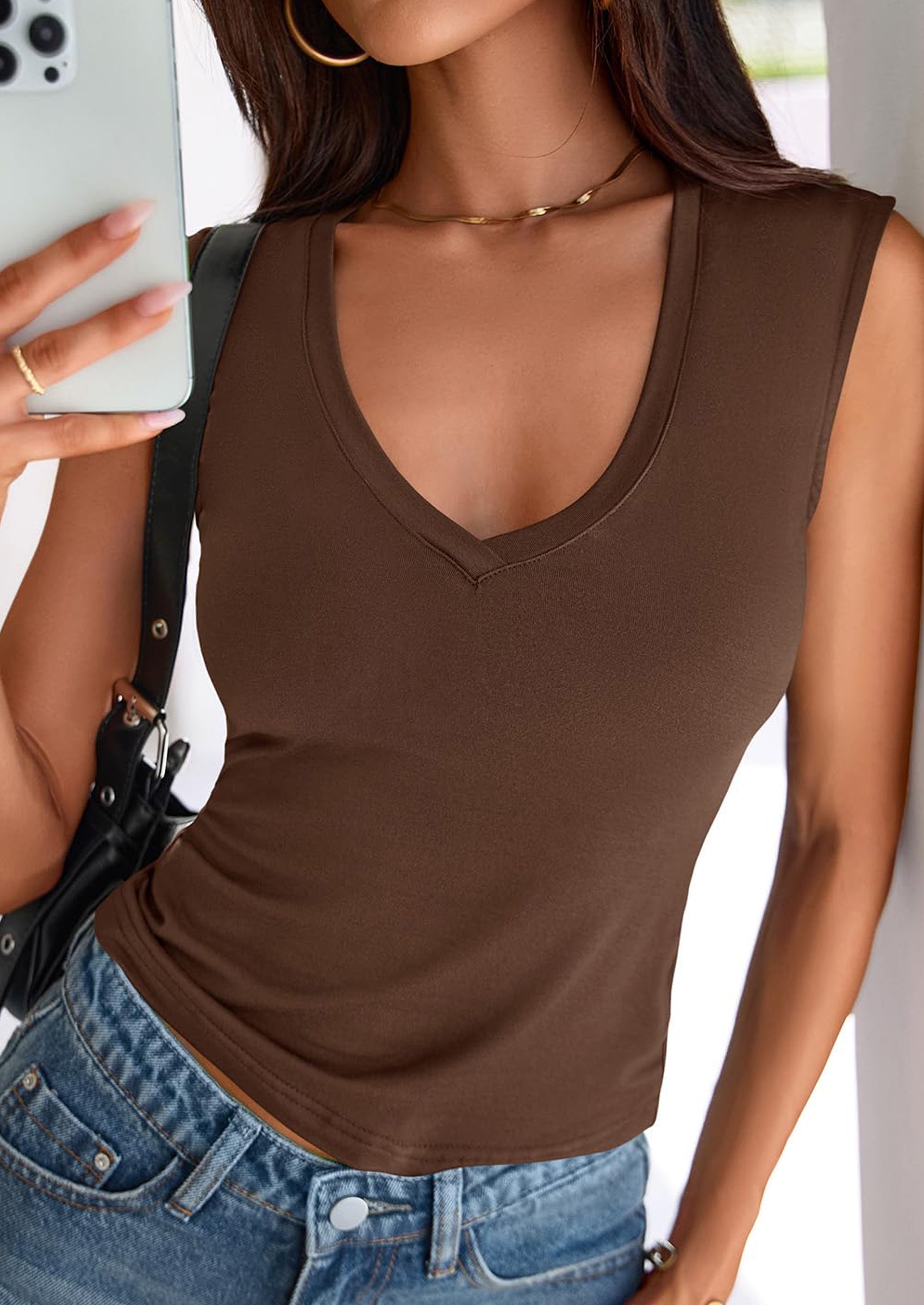 PRETTYGARDEN Womens T Shirts Spring Fashion V Neck Sleeveless Cute Going Out Tops Plain Fitted Tank Top Y2k Outfits PRETTYGARDEN