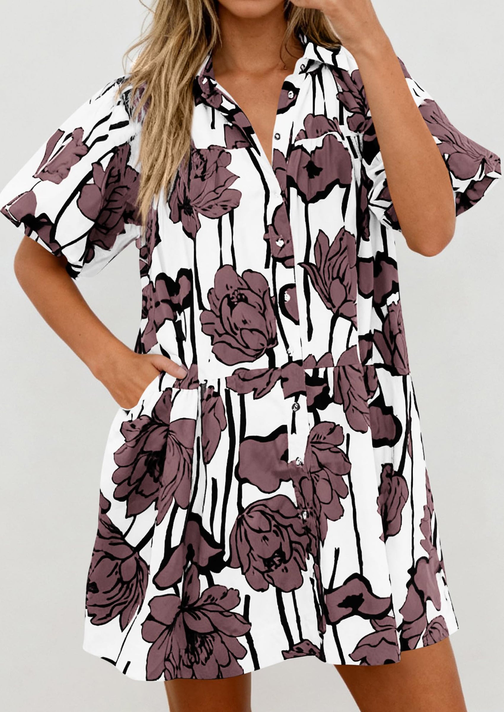 PRETTYGARDEN Womens Summer Dresses 2026 Casual Puff Sleeve Button Down Mini Shirt Dress Boho Floral Babydoll Sun Dress PRETTYGARDEN