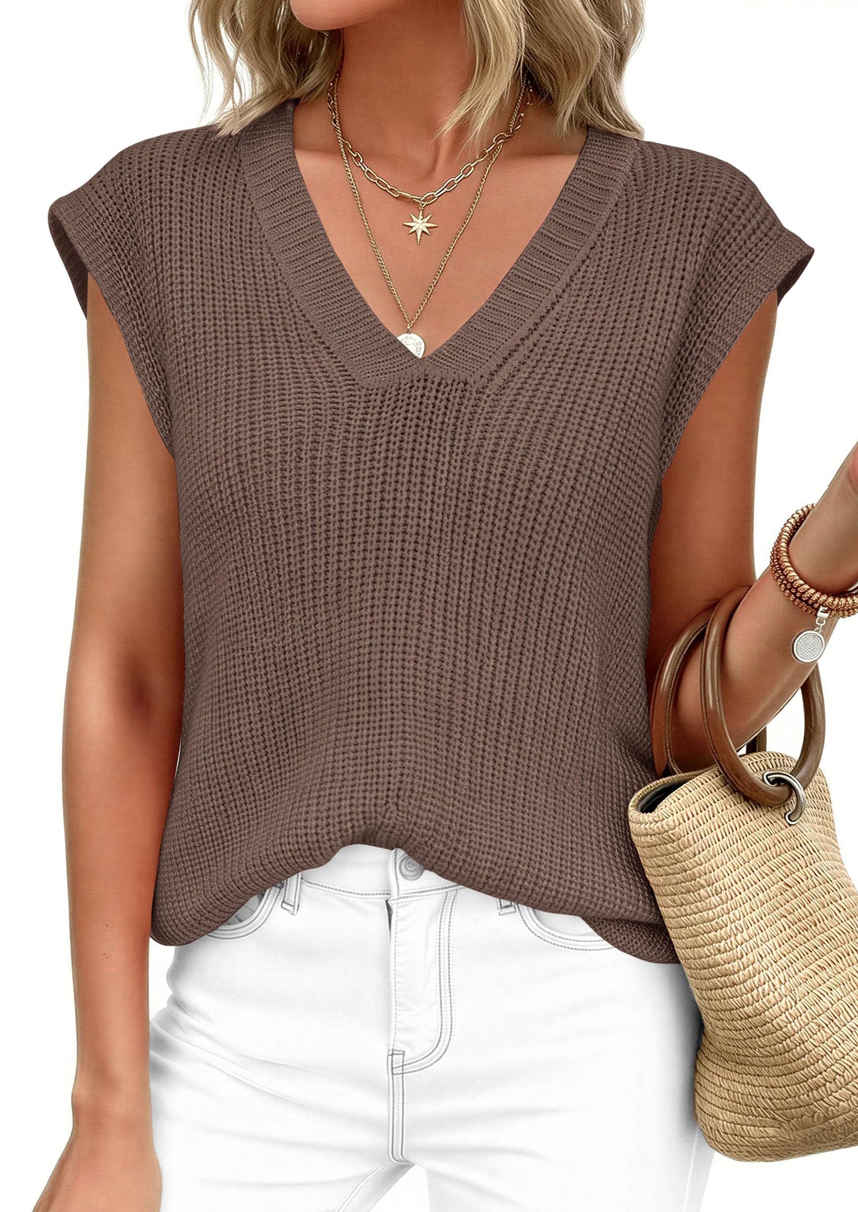 PRETTYGARDEN Women's Lightweight Sweaters Vest Spring Trendy Cap Sleeve V Neck Knit Tank Tops Summer Going Out Outfits PRETTYGARDEN