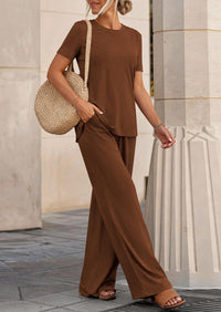 PRETTYGARDEN Summer Lounge Sets for Women 2 Piece Short Sleeve Crewneck Cute Tops and Wide Leg Pants with Pockets Pj Set PRETTYGARDEN