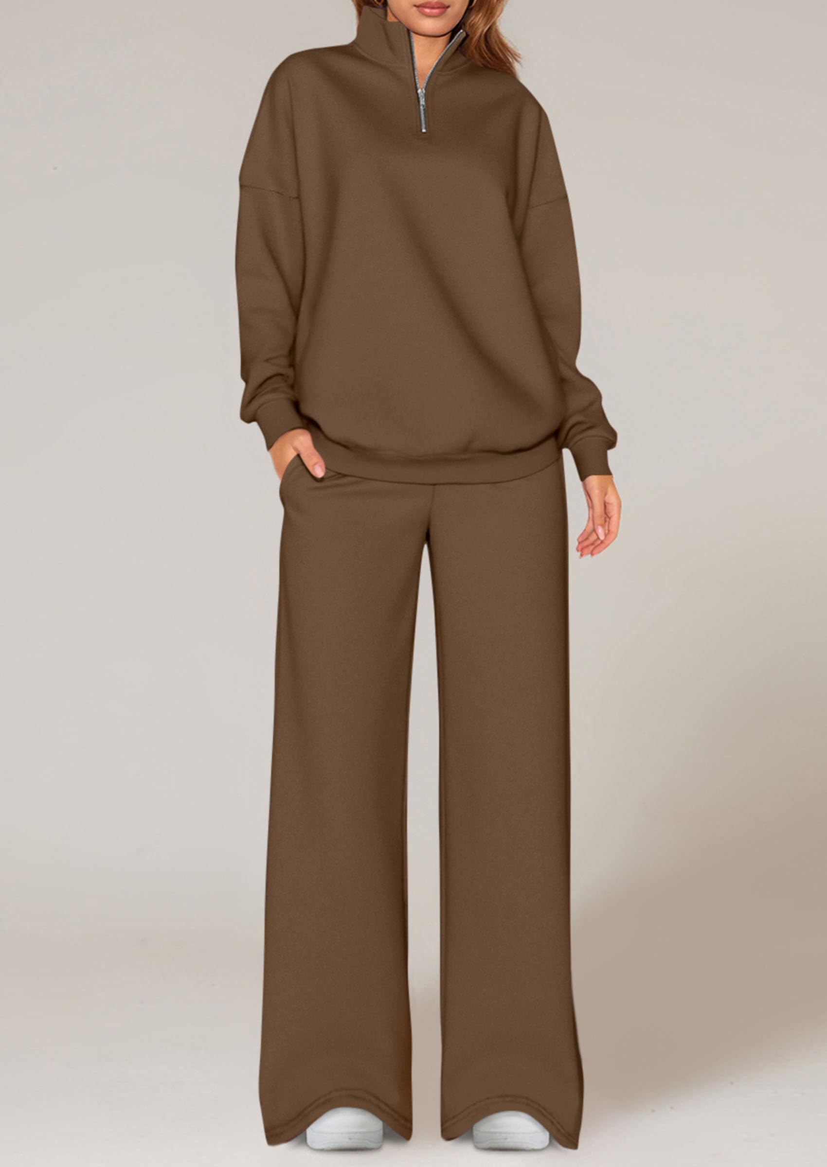 PRETTYGARDEN Womens Casual Two Piece Sets Fall Outfits Quarter Zip Sweatshirts Straight Leg Pants Sweatsuits Tracksuit