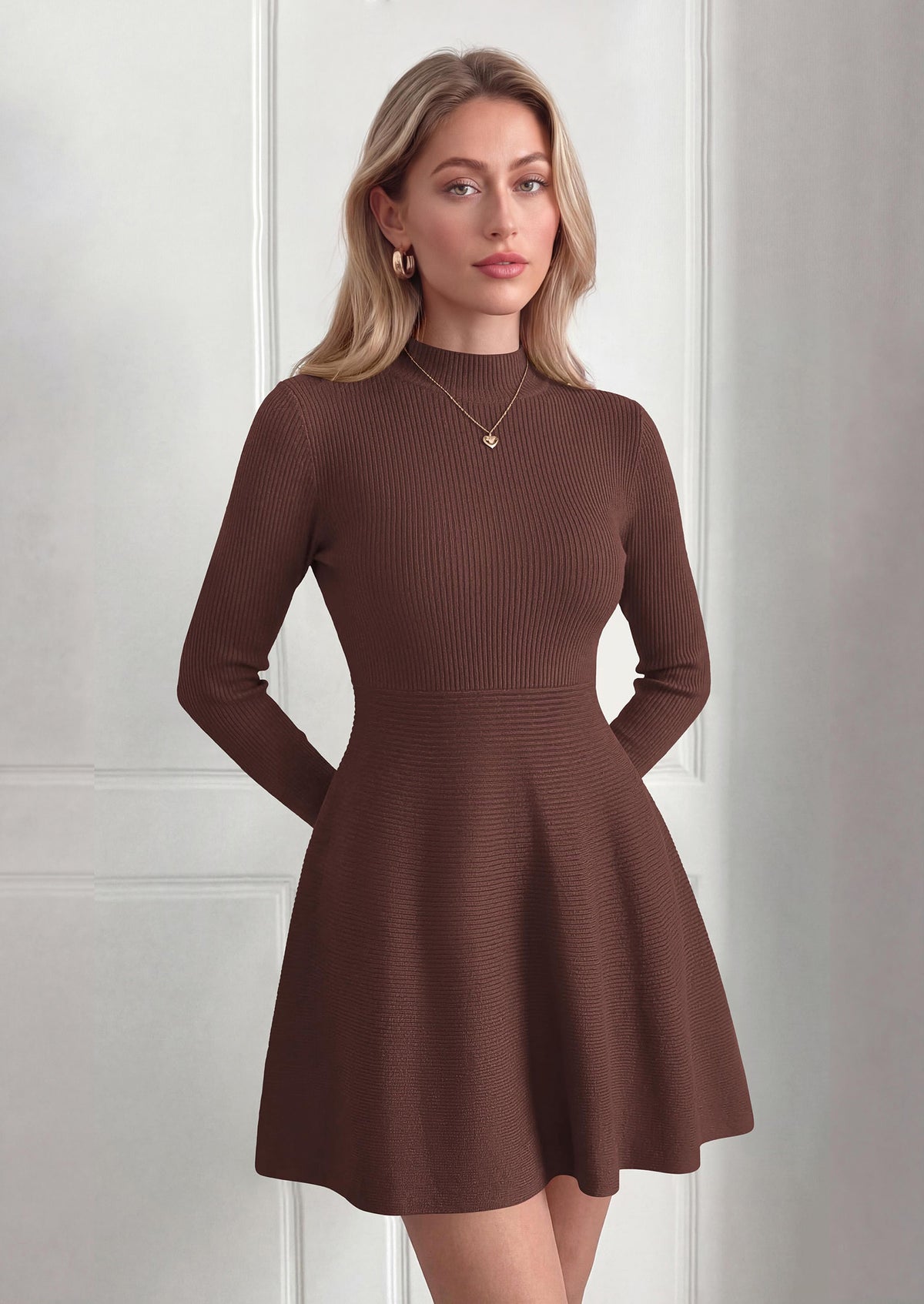 PRETTYGARDEN Womens Mock Neck Long Sleeve Sweater Mini Dress | Soft Ribbed Knit Flared A‑Line, Elegant Fall Winter Dresses for Wedding Guest, Cocktail & Holiday Party Casual Outfits