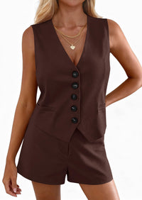 PRETTYGARDEN 2 Piece Sets for Women Spring Fashion Button Vest Tops High Waist Shorts Summer Business Casual Outfits PRETTYGARDEN