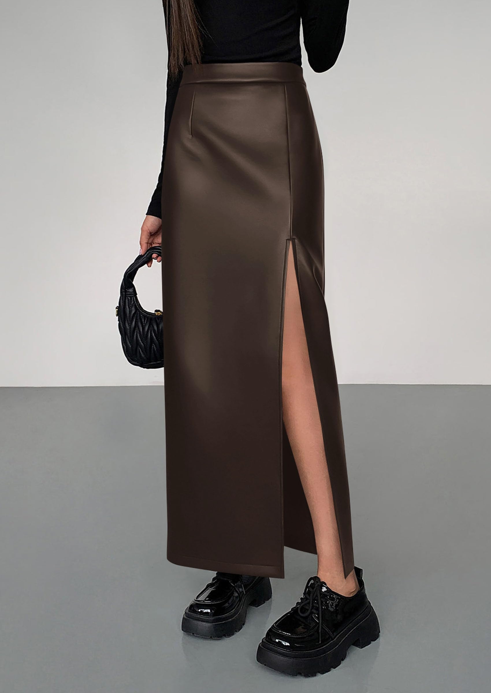 PRETTYGARDEN Womens Faux Leather Skirt Fall Bodycon High Waisted Slit Dressy Casual Winter Maxi Long Pencil Skirts